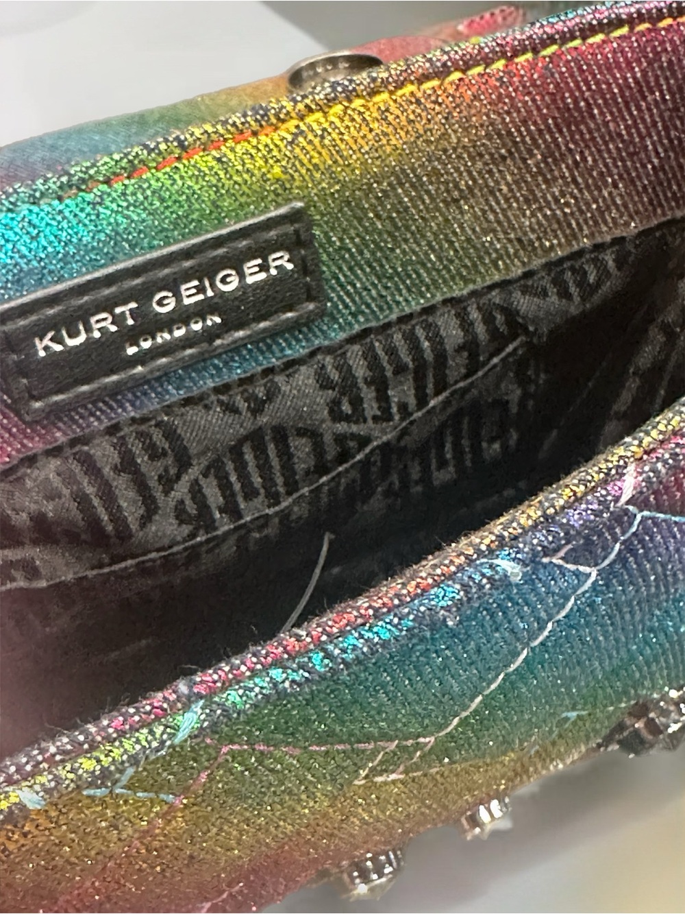 Kurt Geiger Denim Metallic Rainbow Quilted 2 Way Bag W/crystal Studs NWOT - Picture 7 of 10
